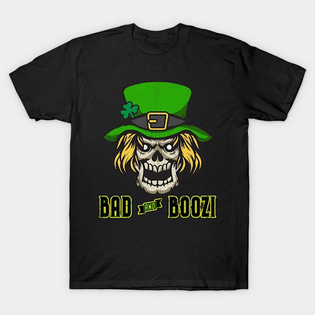 Bad and Boozy Green Scary Leprechaun Skull Head print T-Shirt by merchlovers